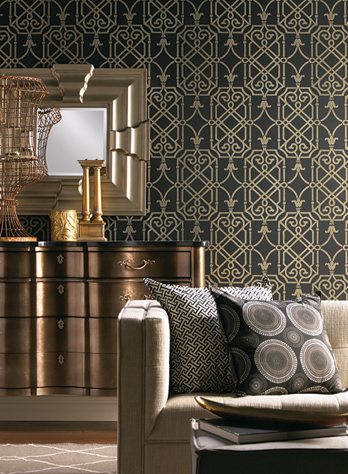 Graphic paper by York Wall Coverings. Hand-painted wall covering by Gracie. 
