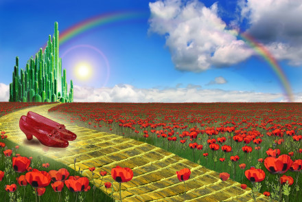 ruby slippers on the yellow brick road - shutterstock_20515253